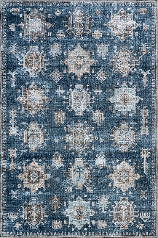 Brenda Hazy Heraldry Spill Proof Washable Rug | Blue