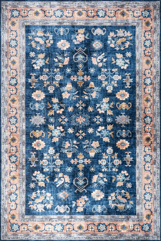 Dayflower Vintage Spill Proof Washable Rug | Blue