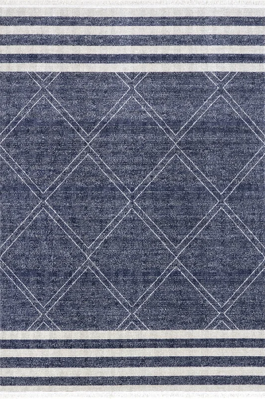 Diamonds And Stripes Fringe Indoor/Outdoor Rug | Navy