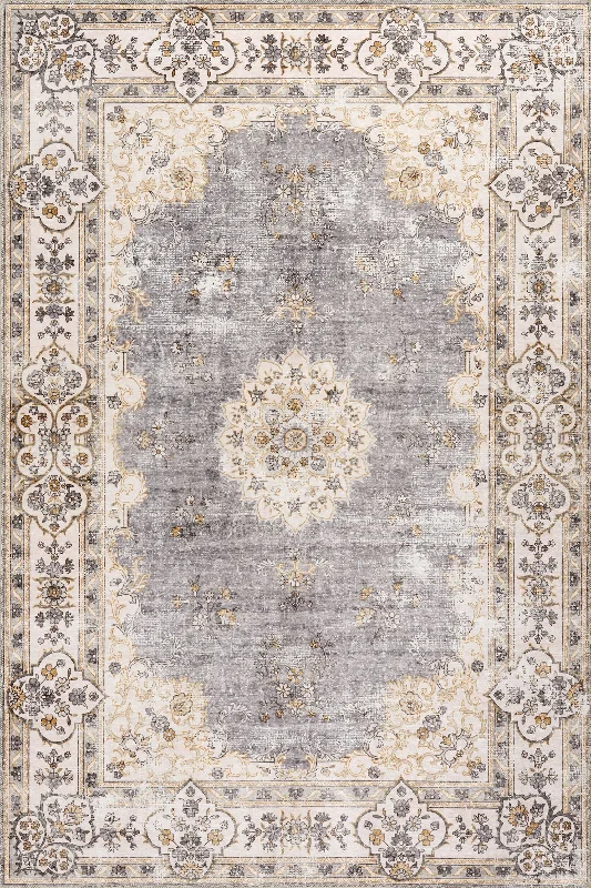 Rosette Medallion Spill Proof Washable Rug | Light Grey