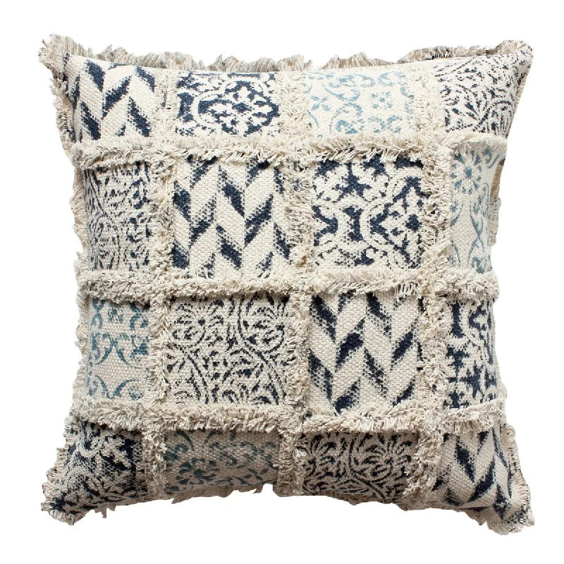 18"Square Cotton Accent Throw Pillow, Fluffy Fringes, Soft Block Print Raised Pattern - White