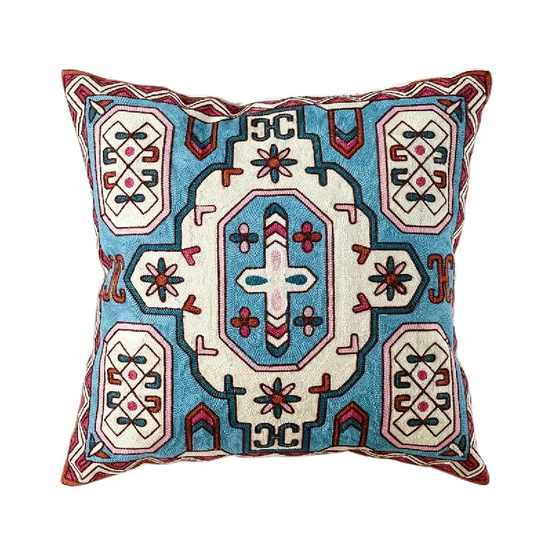 18"x18" Embroidered Decorative Throw Pillow Cushion Blue Cream Boho