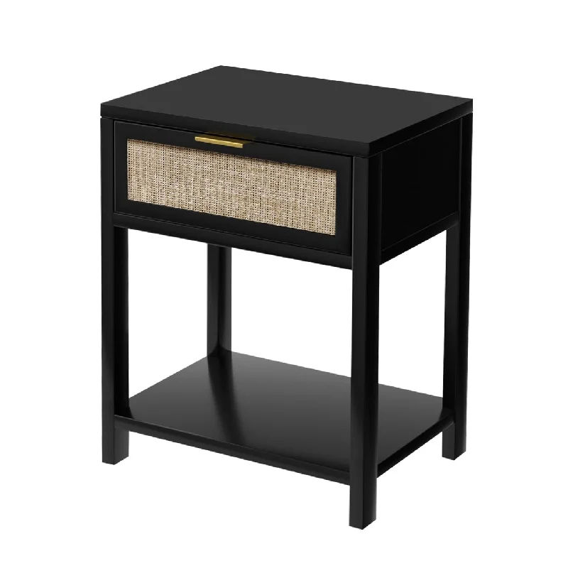 Anmytek 24" H Mid-Century Modern Wood Nightstand End Table with Storage Drawer and Open Shelf Rattan Bedside Table