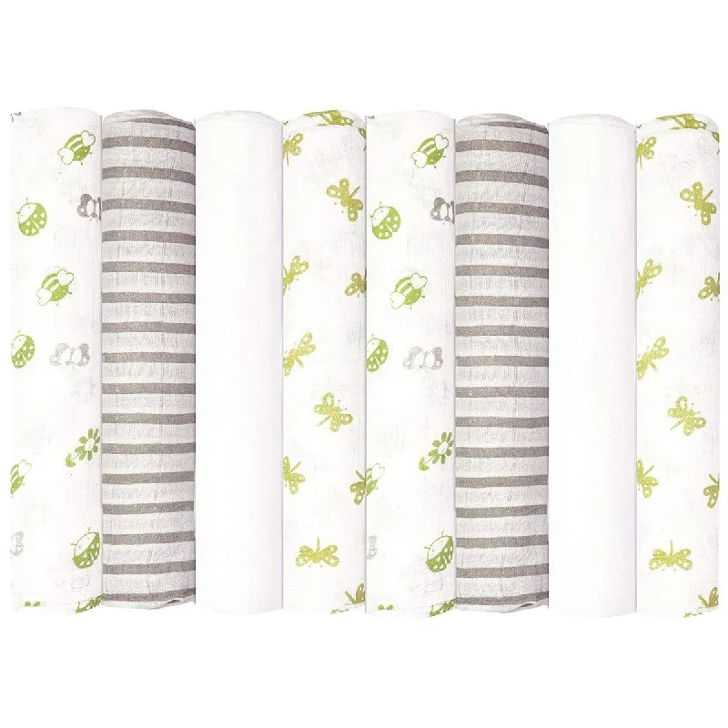 Babykin Organic Cotton Muslin Swaddle Blankets, Bug's Life (Lime), 216 Piece Pack