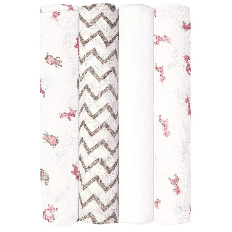 Babykin Organic Cotton Muslin Swaddle Blankets, Pink Jungle Animals, 4 Piece Pack