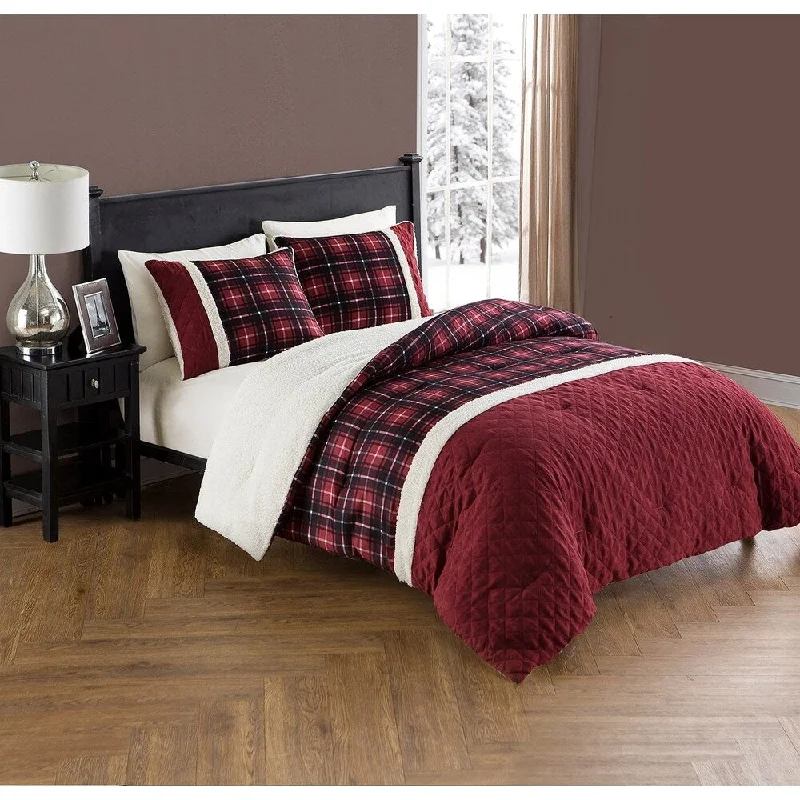 Barry Plaid Red Sherpa 3-Piece Reversible Comforter Set