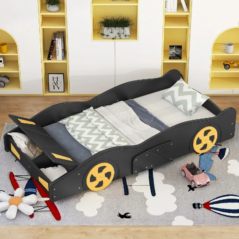 Black Twin Size Race Car Platform Bed with Hidden Storage, Sturdy Pine Wood Construction, No Box Spring Required