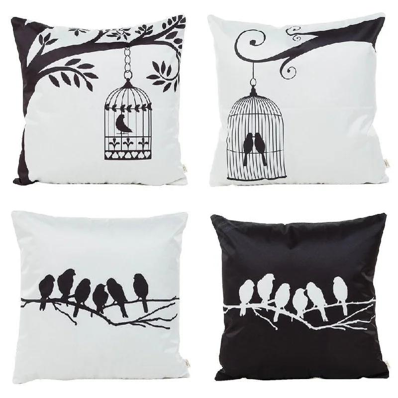 Cotton Linen Pillow Case Birds and Birdcages 18 x 18 Set of 4