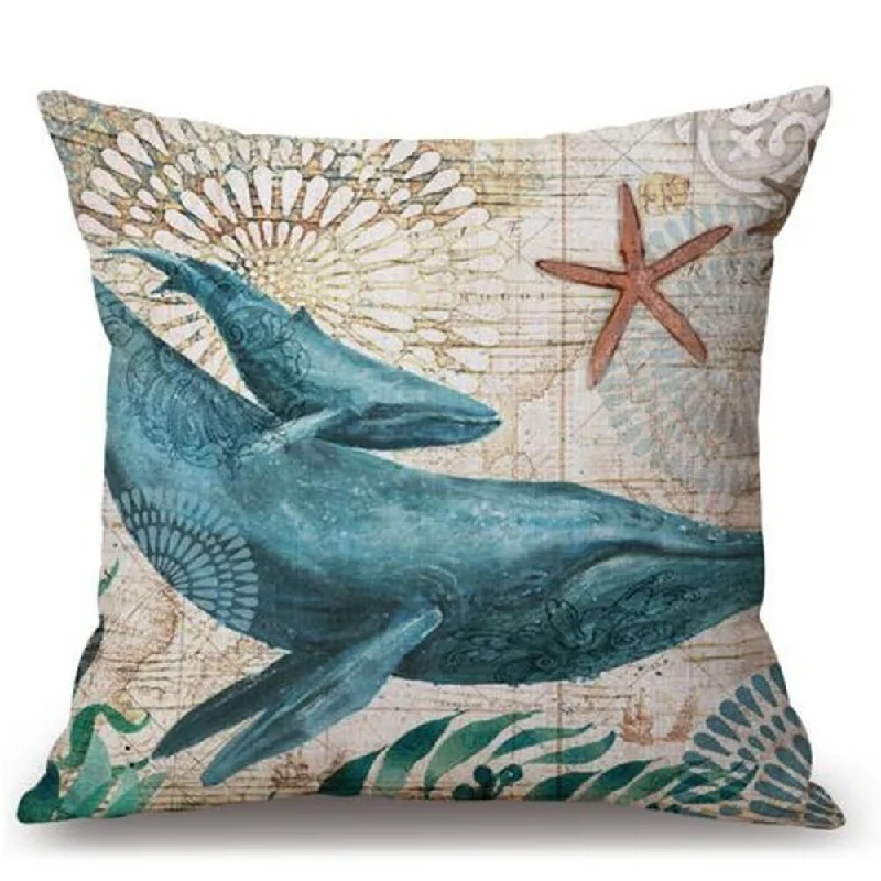 Cotton Linen Pillow Case Blue Whale 18 x 18