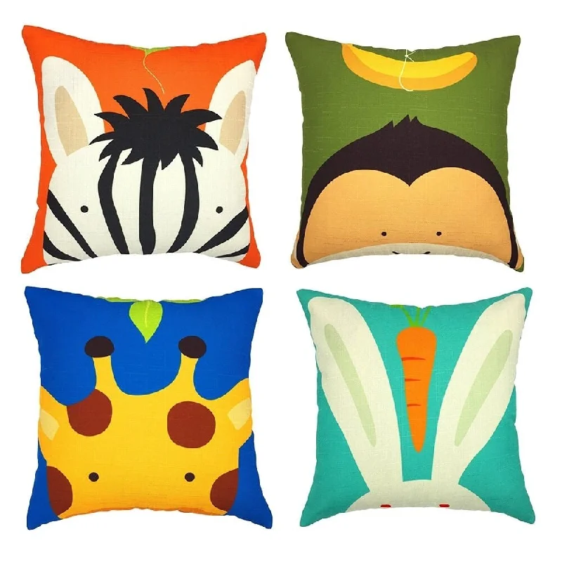 Cotton Linen Pillow Case Cartoon Animal 18 x 18 Set of 4