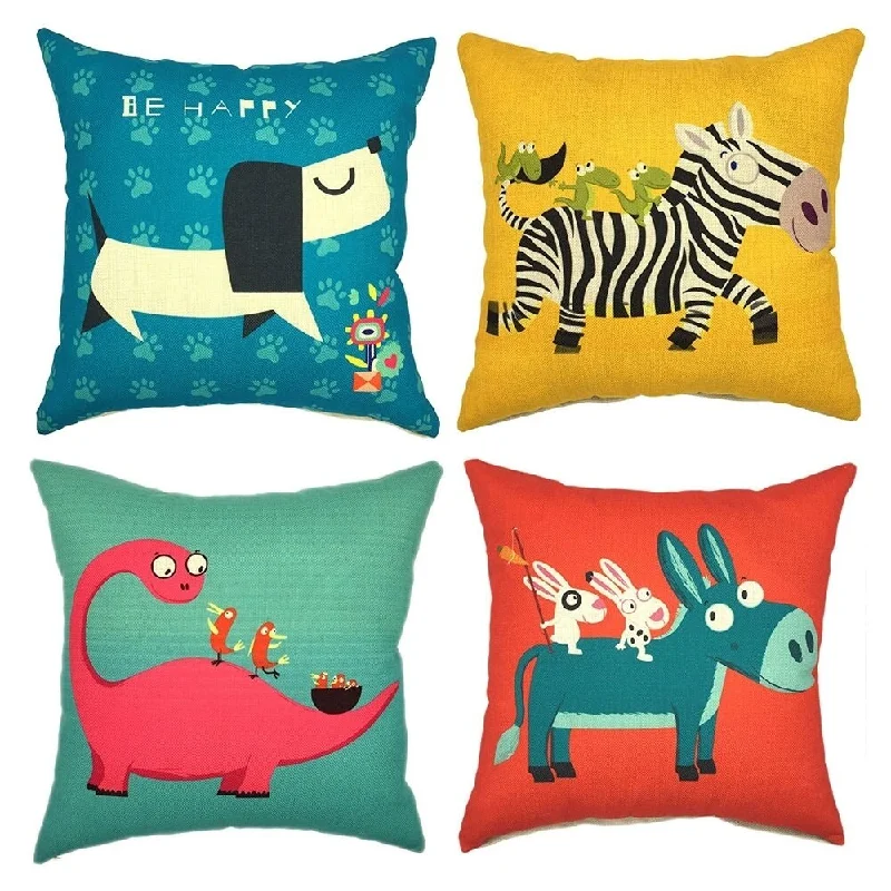 Cotton Linen Pillow Case Cartoon Animal With Dinosaur 18 x 18 Set of 4