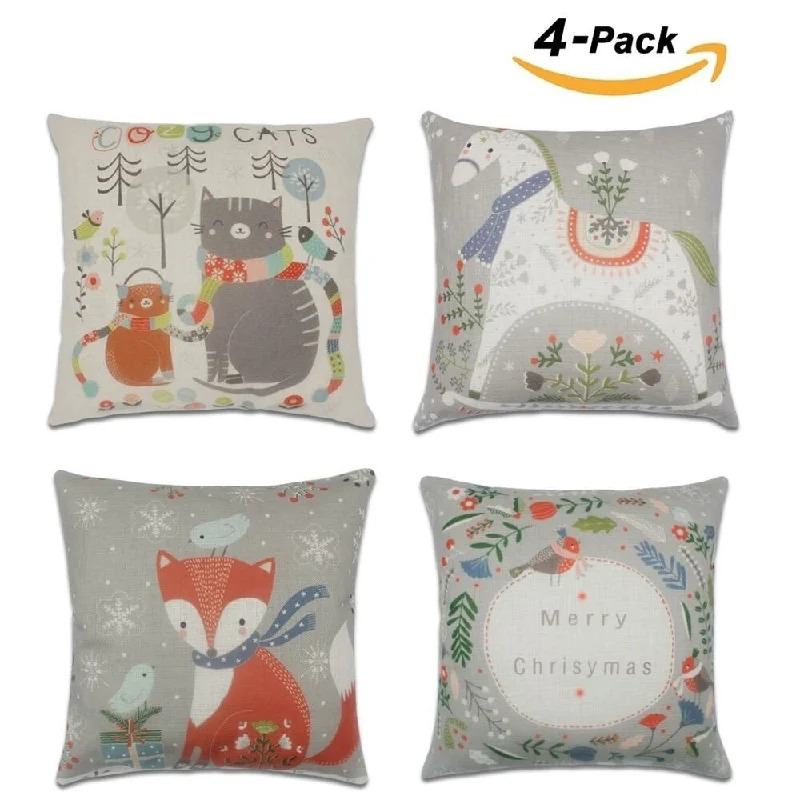 Cotton Linen Pillow Case Cute Animals 18 x 18 Set of 4