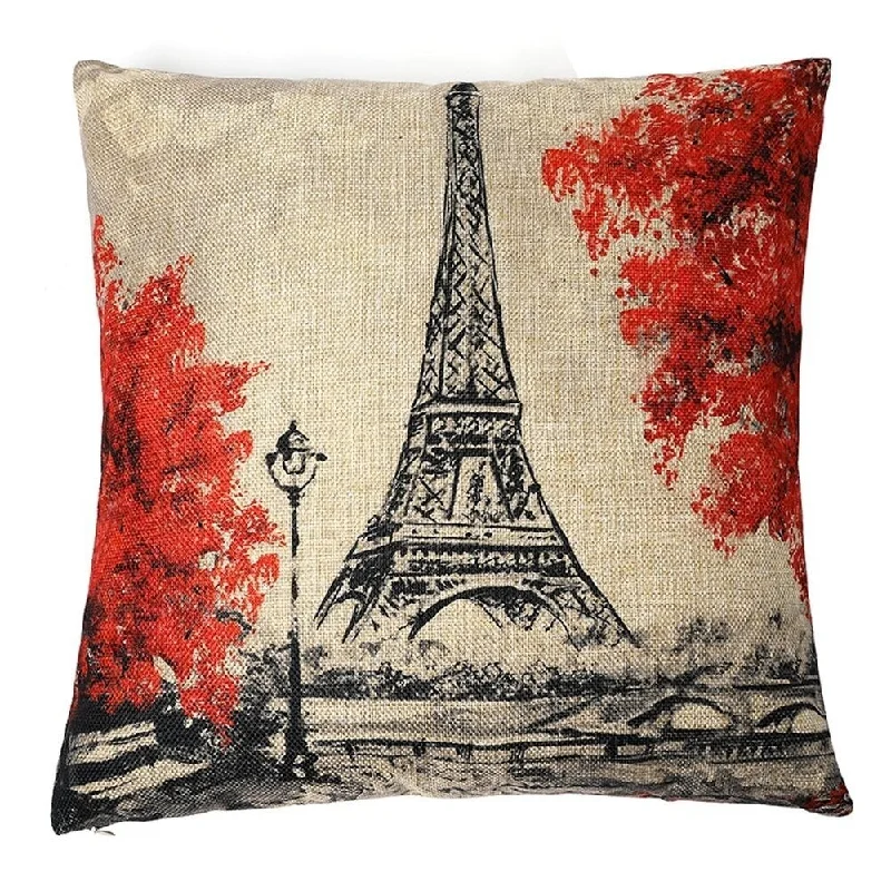 Cotton Linen Pillow Case Eiffel Tower Hand Painting 18 x 18