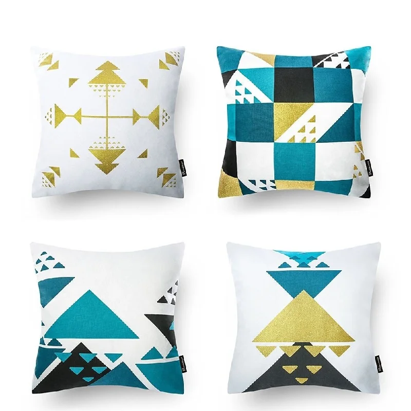 Cotton Linen Pillow Case Geometrical Blue and Gold Set of 4 18 x 18