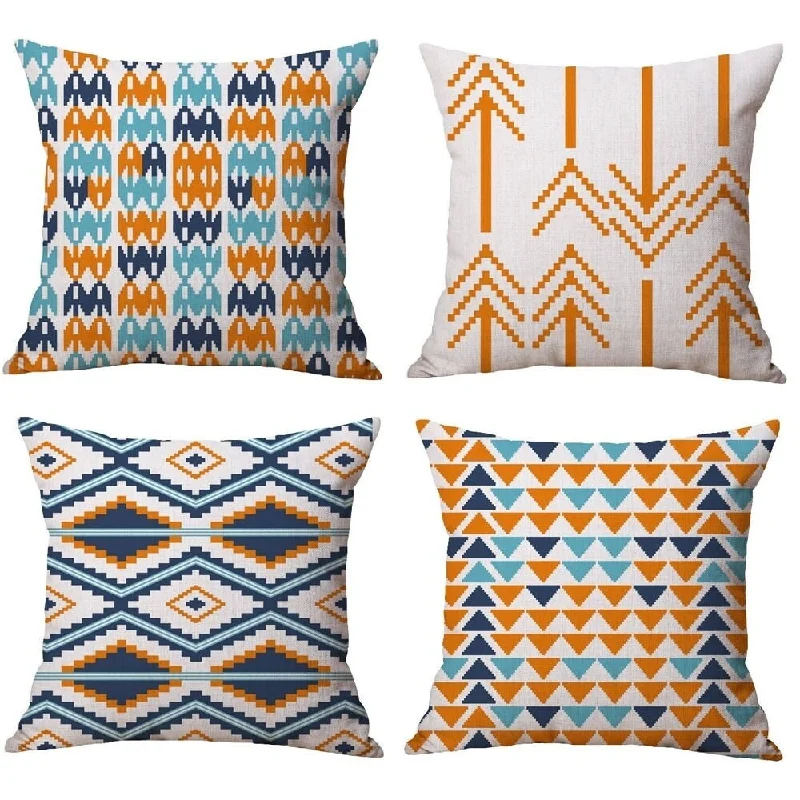 Cotton Linen Pillow Case Geometrical Orange and Blue 18 x 18 Set of 4