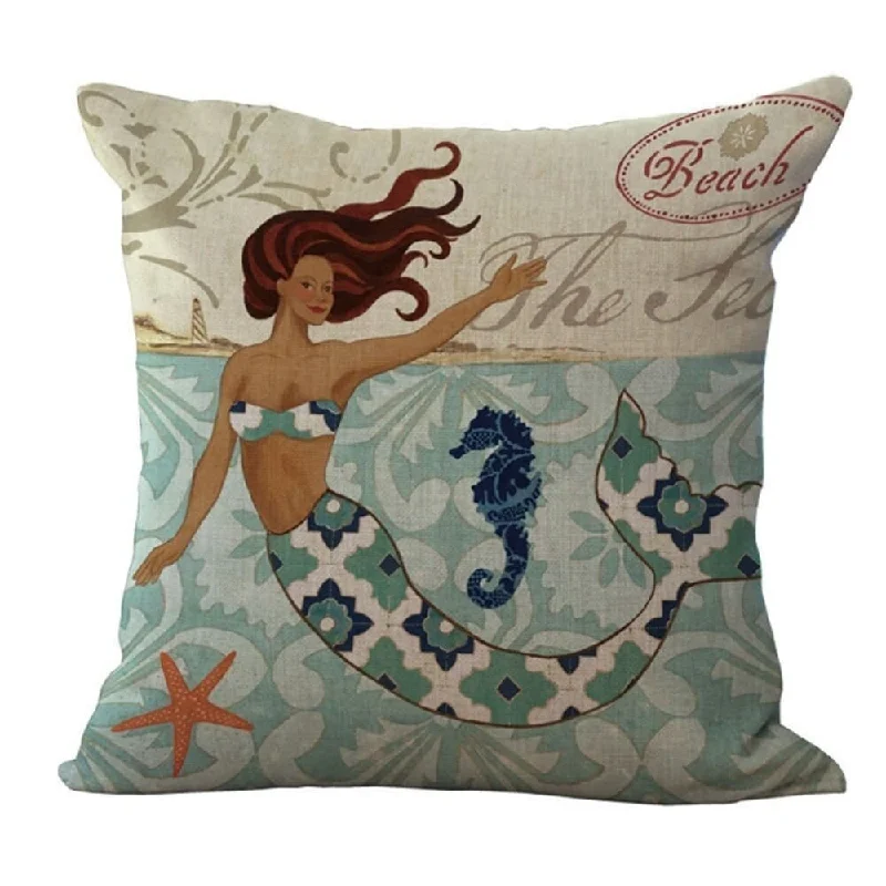 Cotton Linen Pillow Case Mermaid Beach 18 x 18