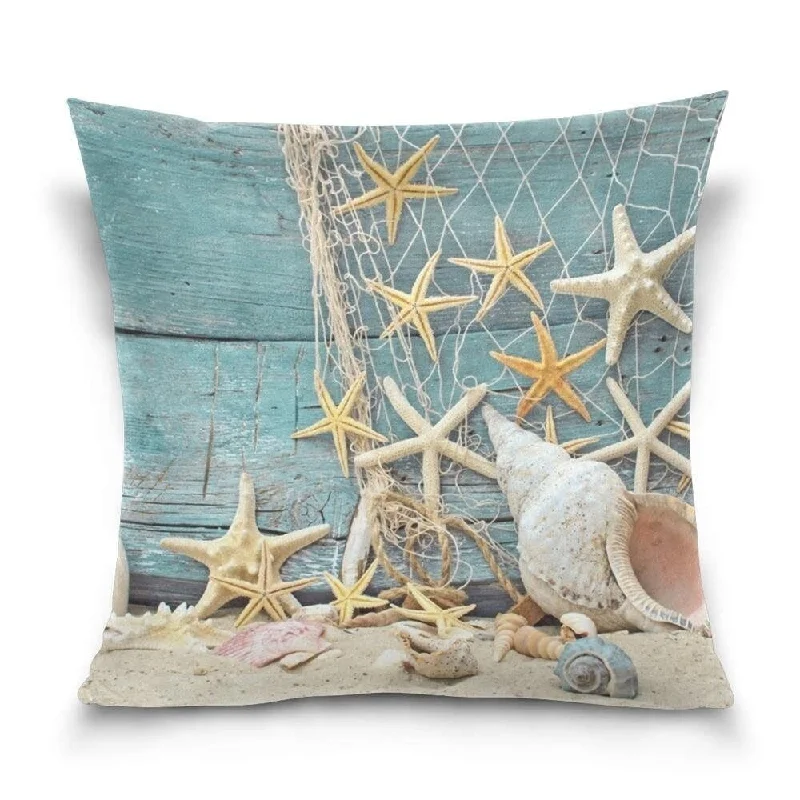 Cotton Linen Pillow Case Starfish on the Net and Beach Sand 18 x 18