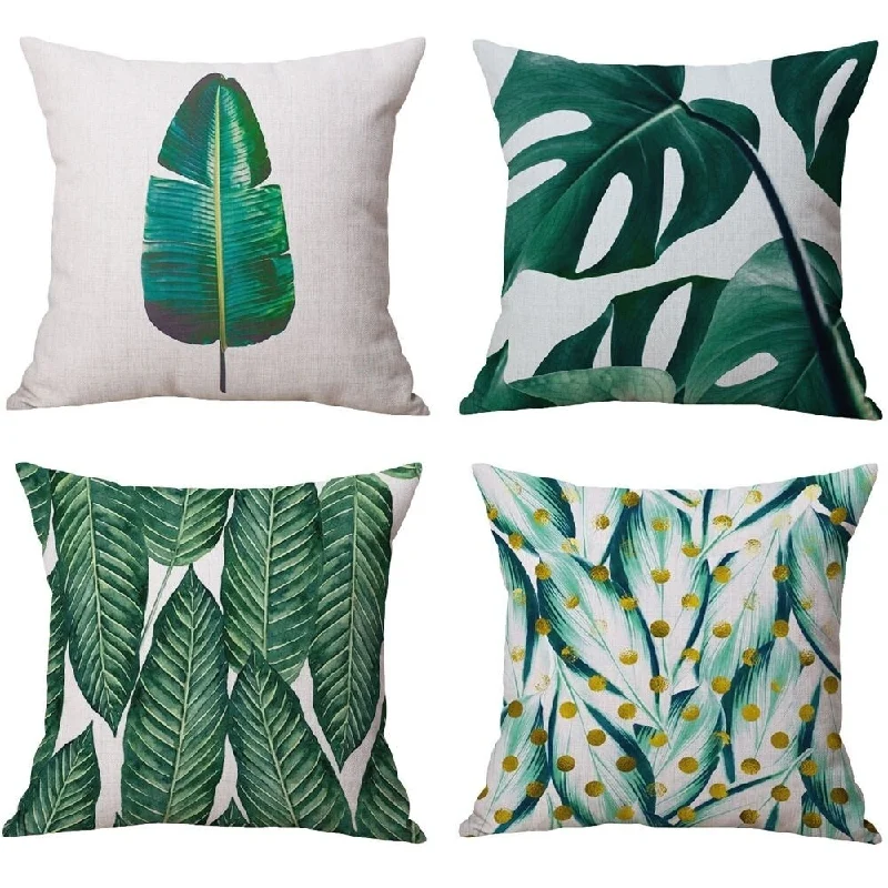 Cotton Linen Pillow Case Tropical Plants 18 x 18 Set of 4