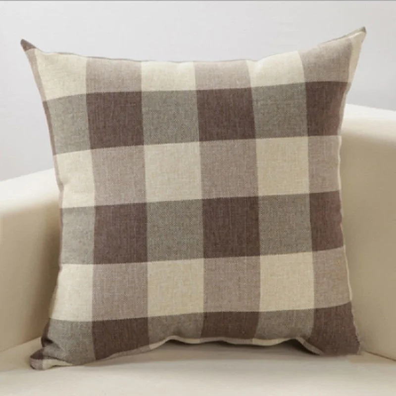 Cotton Linen Pillowcase Plaid Brown Pattern 18 x 18