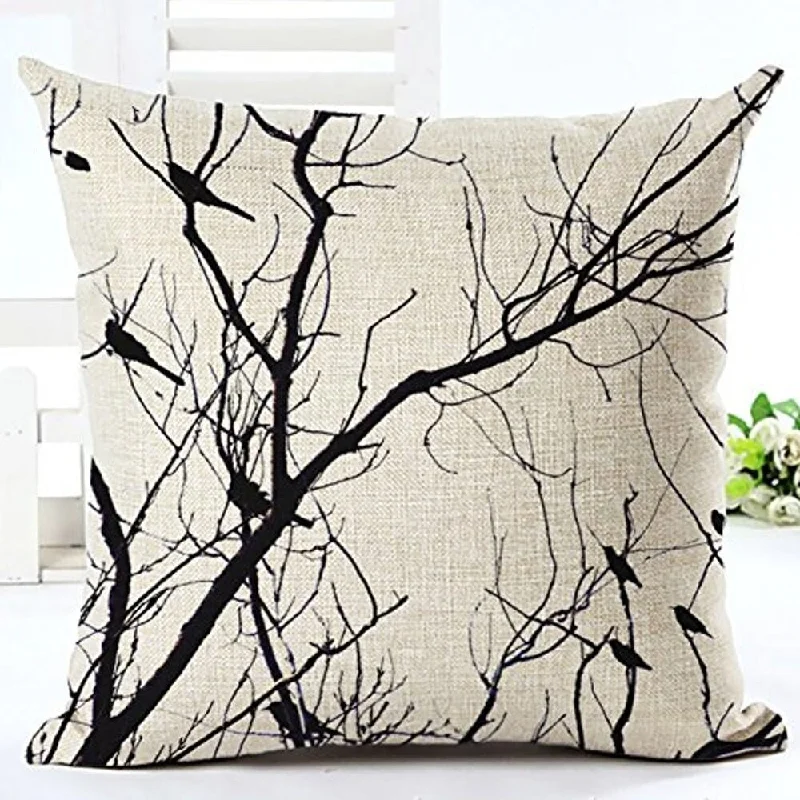 Cotton Linen Throw Pillow Case Black and White Brids in Tree 18 x 18