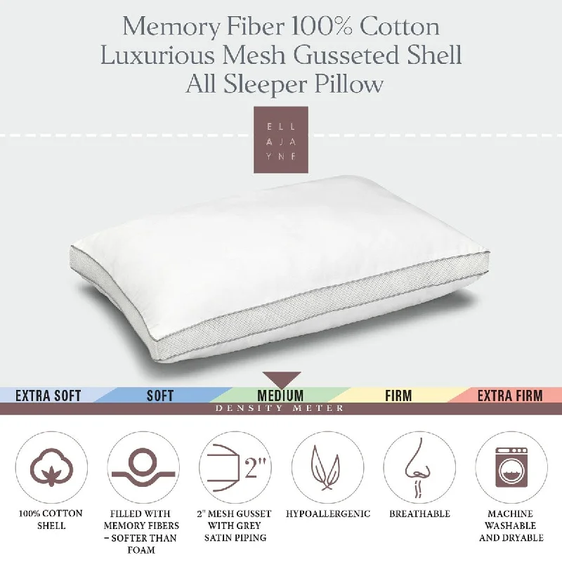 Cotton Mesh Gusseted Shell Medium Density Memory Fiber Pillow, for All Sleep Positions - Standard - White