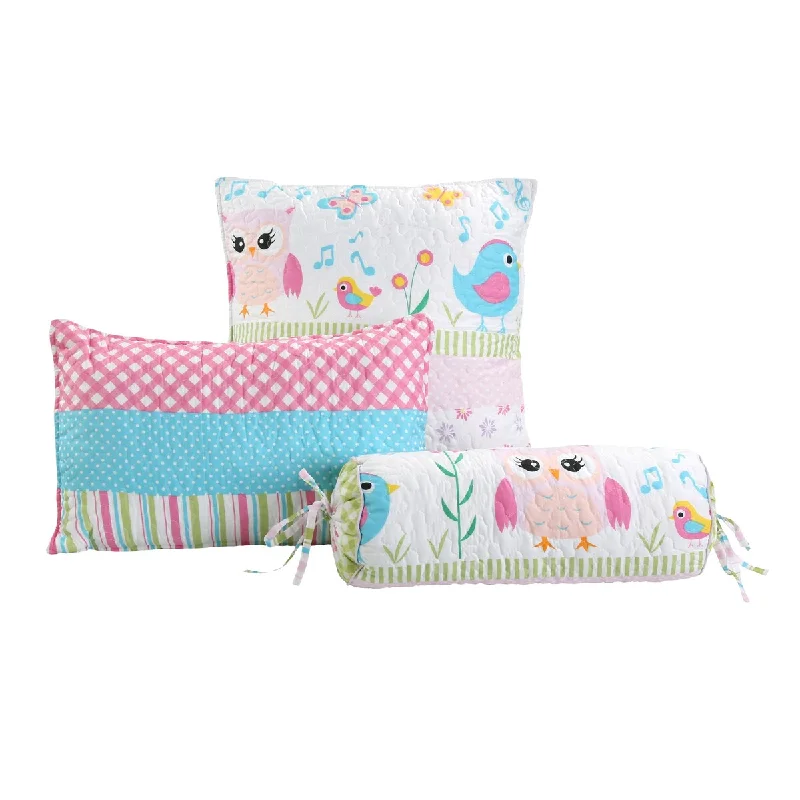 Cozy Line Spring Time Bird Owl Floral Multi-Color Pink Polyester Decor Throw Pillows (Set of 3)