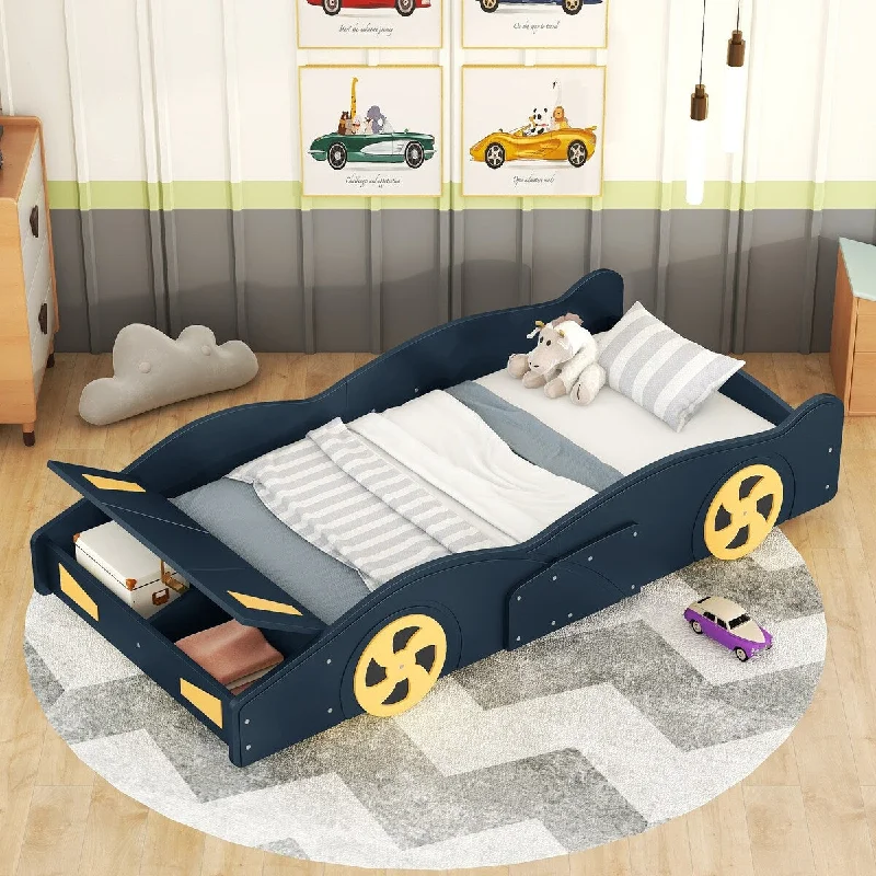 Dark Blue Twin Size Race Car Platform Bed with Hidden Storage, Sturdy Pine Wood Construction, No Box Spring Required