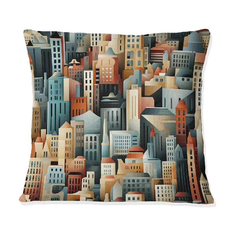 Designart "Beige And Blue Urban Cityscape Embrace " Striped Printed Throw Pillow