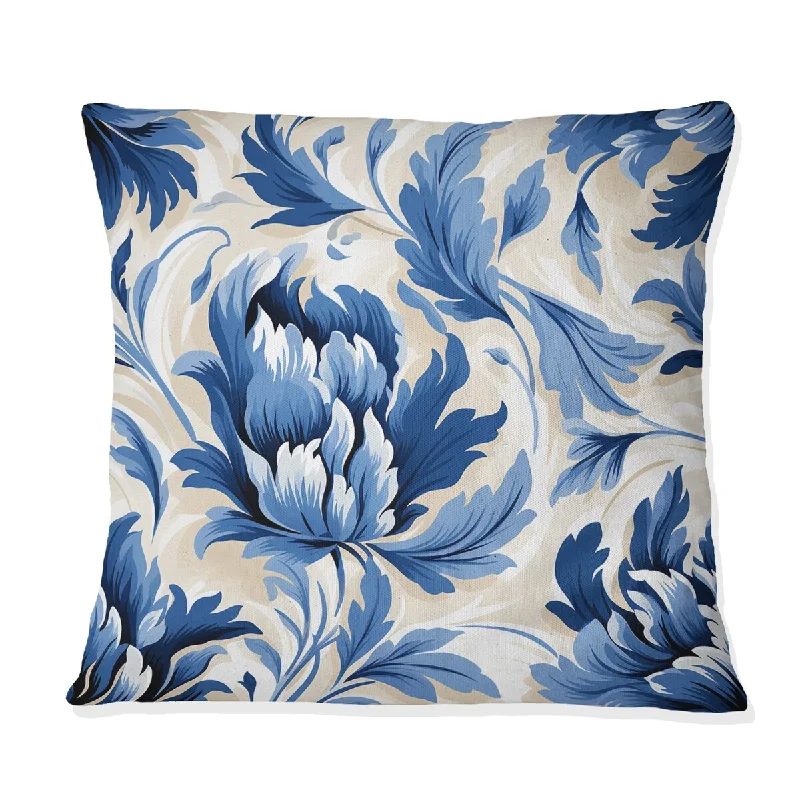 Designart "Blue And White Serene Ikat Zen I" Floral Printed Throw Pillow