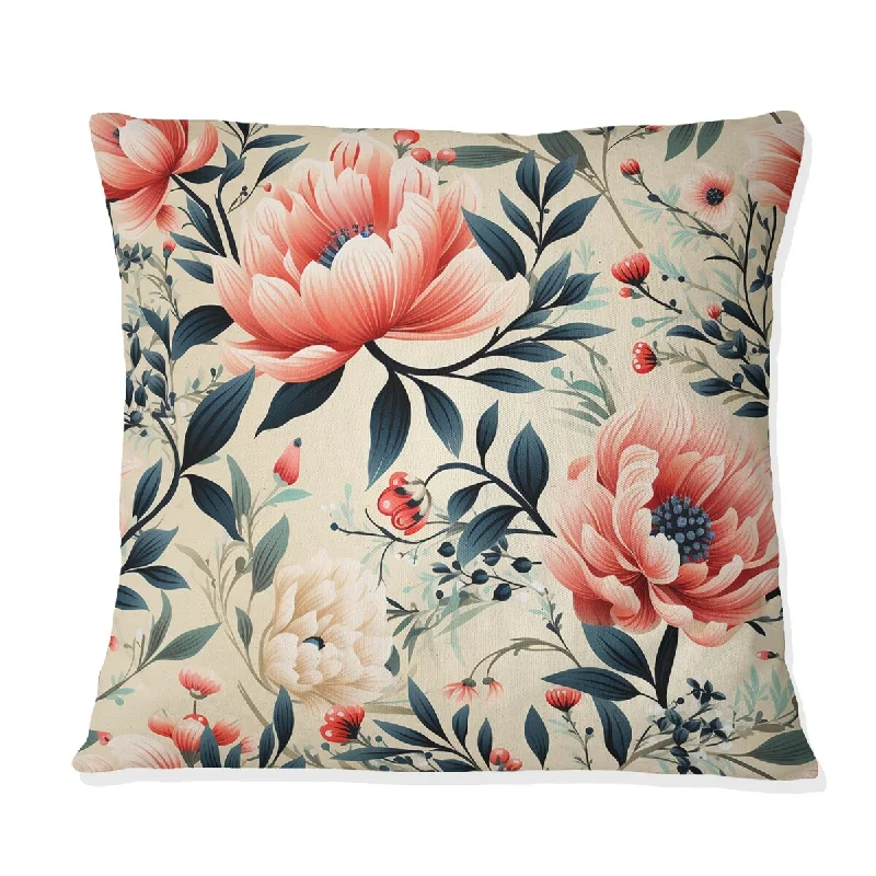 Designart "Elegant Maritime Red And Teal Blooming Gardens" Floral Printed Throw Pillow