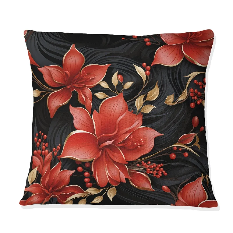 Designart "Red & Balck Gloden Hollywood Glam Floral Pattern" Floral Printed Throw Pillow