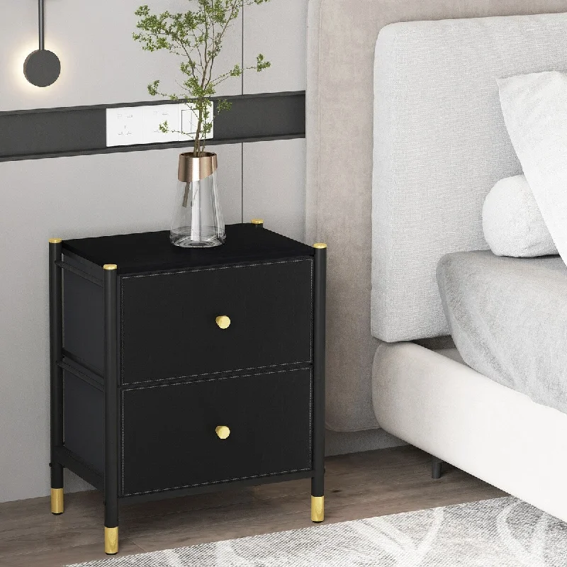 Drawer Dresser,2 Drawer Nightstands for Bedroom-Small Bedside Dresser with PU Leather Front Bins- Stylish End Table