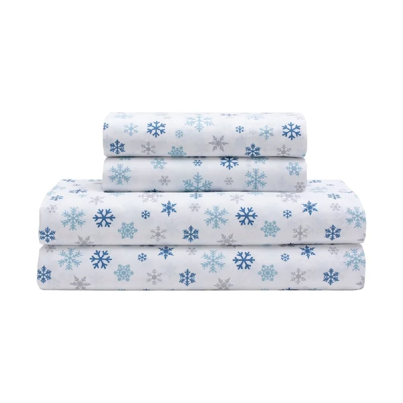 Elite Home Products Fresh Snow Dusty Blue Microfiber Holiday Print Sheet Set