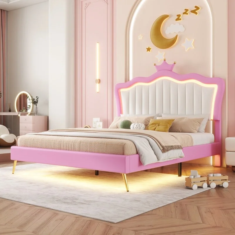 Full Size Upholstered Princess Bed with LED Lights, Crown Headboard