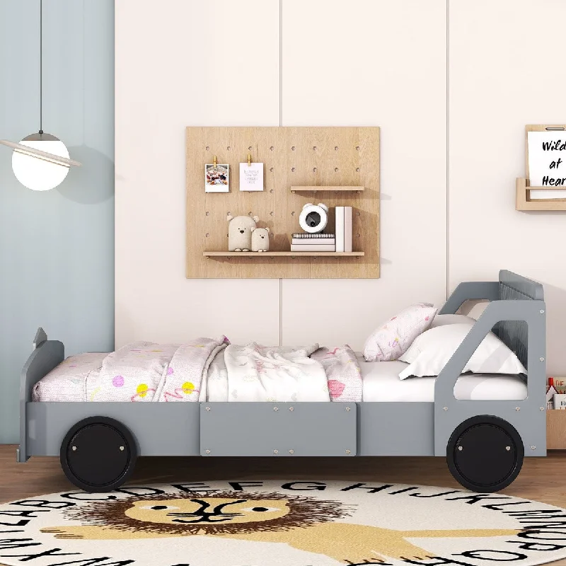 Gray Car Platform Bed with Headboard, Safety Rails, Wheel Legs