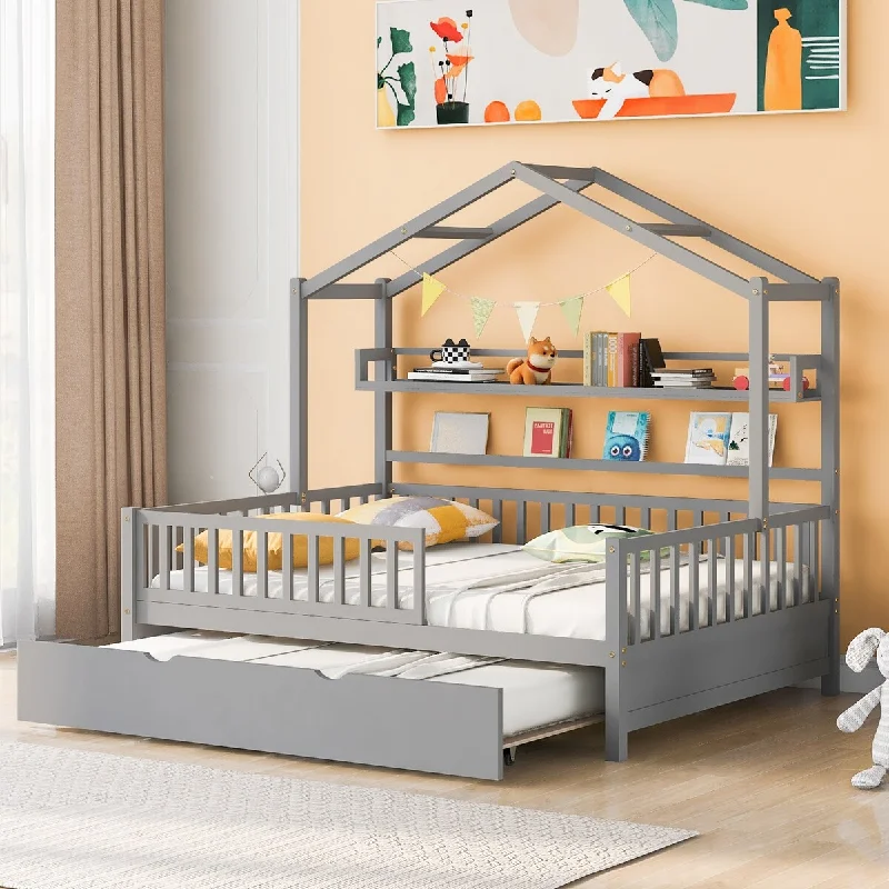 Gray Full Size House Platform Bed with Trundle, Shelf, Roof, Semi-Enclosed Space, Sturdy Pinewood Frame, Space-saving