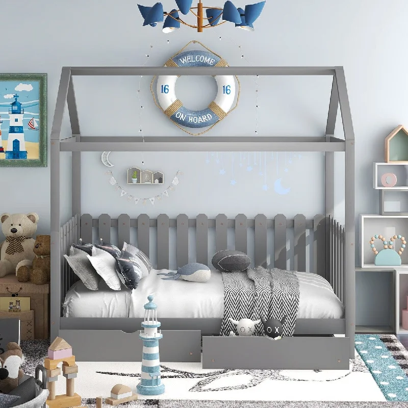 Gray Twin House Bed with Drawers & Guardrails