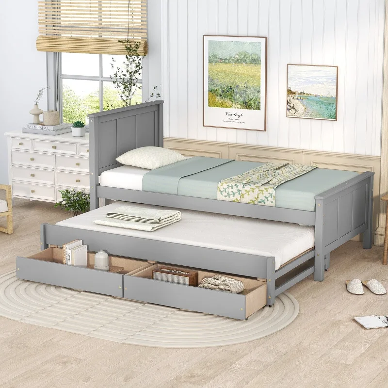 Gray Twin Size Platform Bed with Trundle and 2 Drawers, Headboard, Sturdy Pine Wood Frame, No Box Spring Required