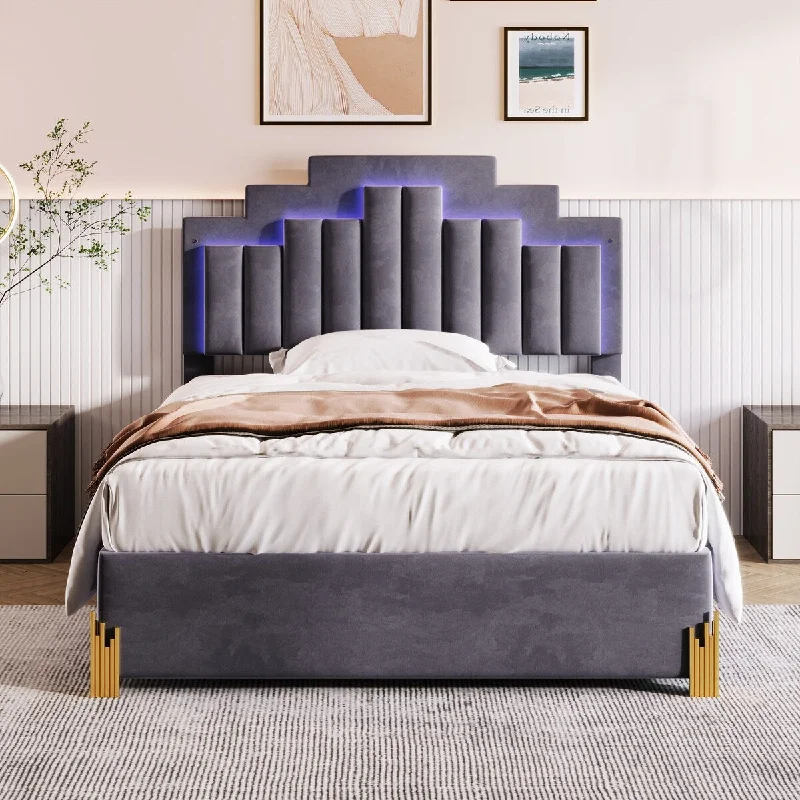 Gray Velvet LED Platform Bed with 4 Drawers & RGB Lights