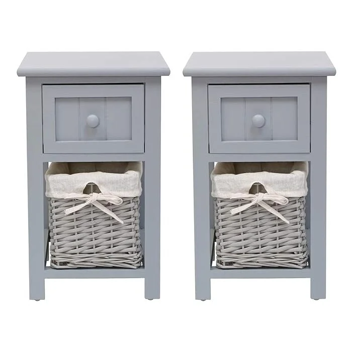 Grey Nightstand, Bedside Table with 2 Drawers & Storage Basket Household, End Table Storage Cabinet for Bedroom (Set of 2)