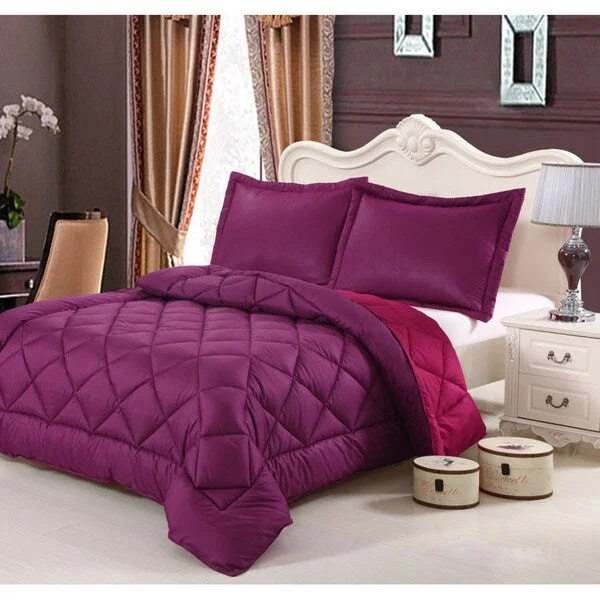 HCI Hand-crafted Brushed Velvet Down Alternative Reversible Magenta and Mulberry Queen Comforter Set