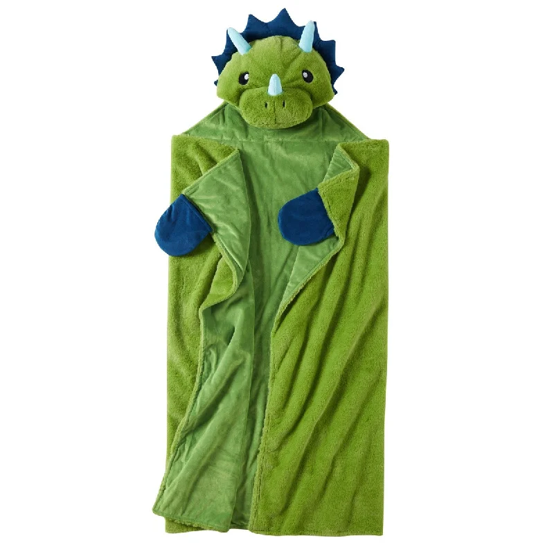 Hopscotch Dino Kids Fur Plush Hooded Throw Blanket, 50" x 40", Green