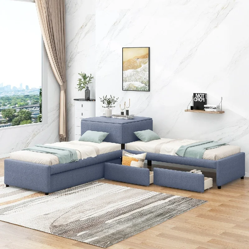 L-Shaped Twin Upholstered Platform Bed with Trundle & Drawers