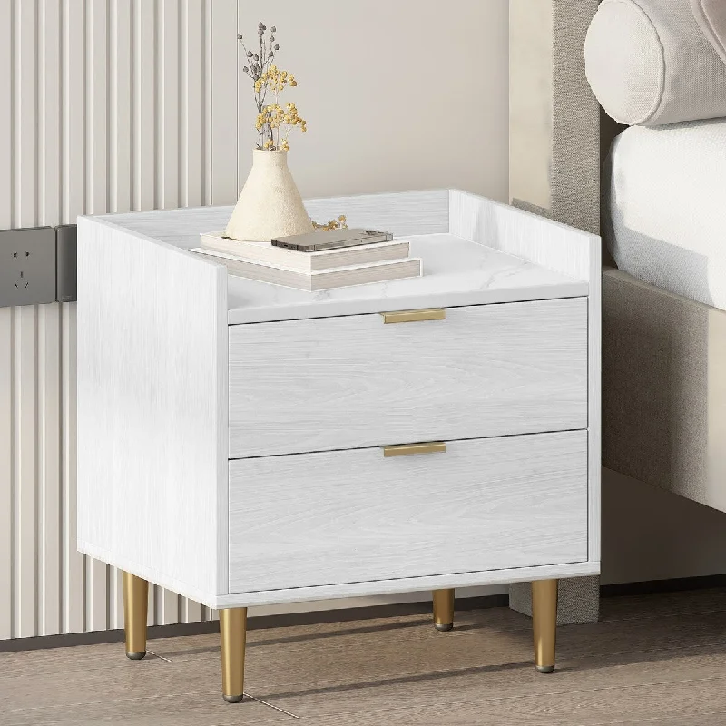 Marbling Worktop Nightstand, Wooden Frame Bedside Table with 2 Drawers, Corner Storage Cabinet with Metal Legs & Handles, White