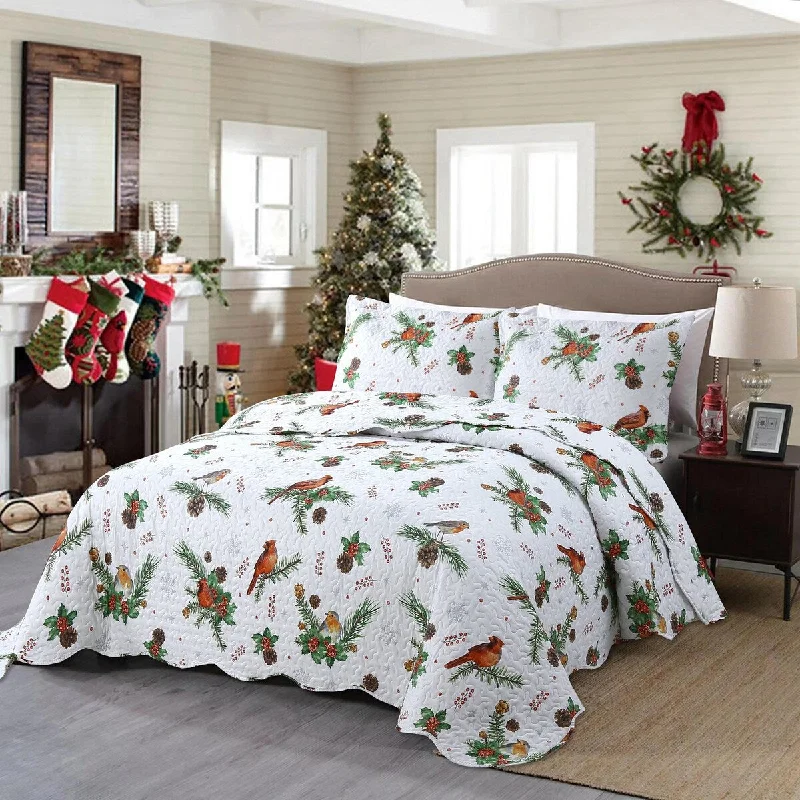 MarCielo 3 Pcs Winter Cardinals Christmas Quilt Bedspread Set C79