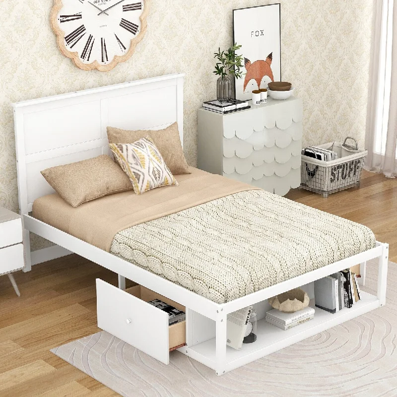 Minimalist Style Full Size Platform Bed with Integrated Drawers and Shelf, Large Storage Space, Solid Construction