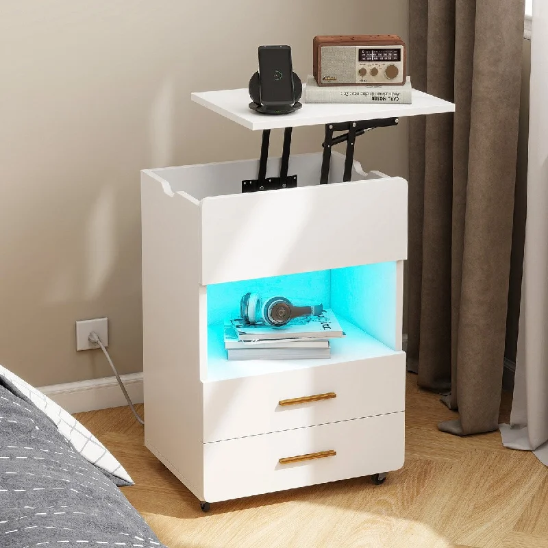 Moasis Lift top Nightstand with Charging Station LED Bedside Table with 2 Drawers