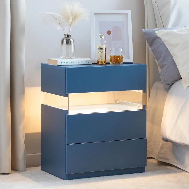 Modern Nightstand with Acrylic Board and LED Light for Bedroom End Table Bedside Cabinet Dresser with 3 Drawers