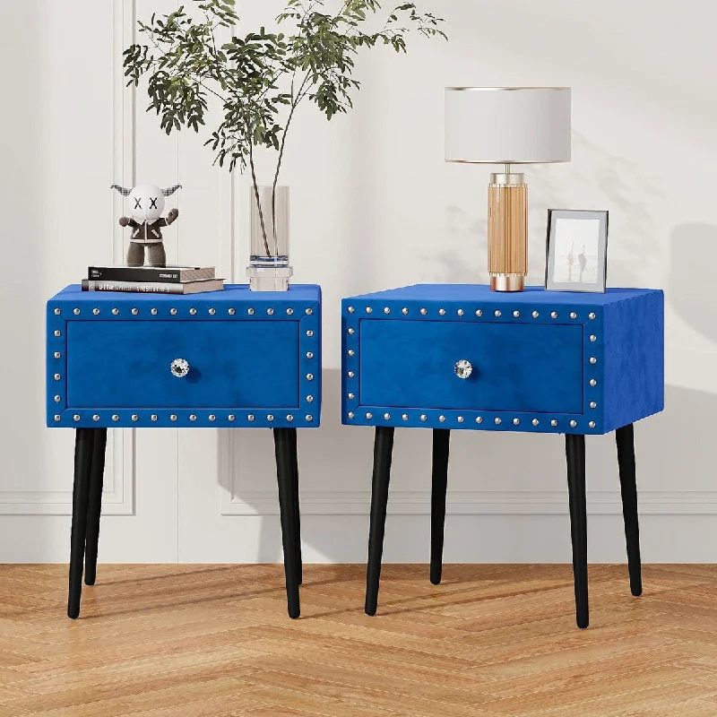 Modern Nightstands Set of 2 with Drawer, Elegant Rivet Velvet Bedside Table for Bedroom