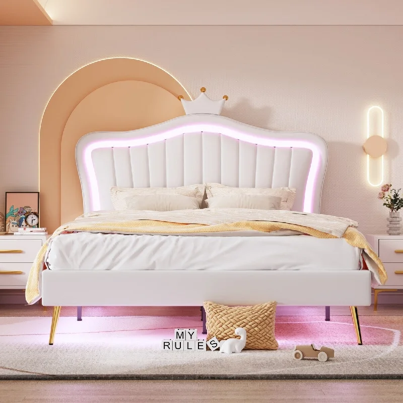 Modern Queen Size Upholstered Princess Platform Bed Frame with Remote-Controlled LED Lights Crown Headboard